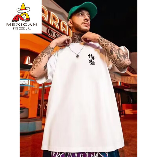 稻草人（MEXICAN）国潮t恤男装夏季港风潮流短袖大码宽松上衣服加肥加大300斤半袖潮 T733黑色 M 90-100斤