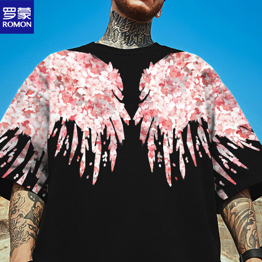 罗蒙（ROMON）夏季翅膀T恤男宽松大码半袖樱花印花薄款t恤衫休闲百搭上衣 M落肩1342白色 8XL 280一305斤