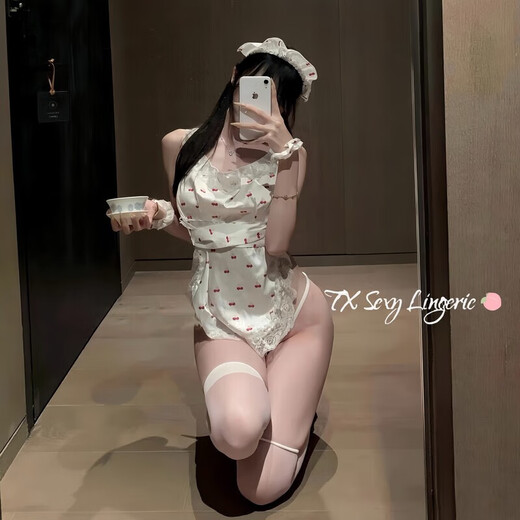 ROSELEX男士丁字裤睡袍情侣方便房事吊带丝袜jk制服性感丁字裤女开档内裤 白色（裙子+T裤+手环+发箍） 均码 【建议80-120斤】
