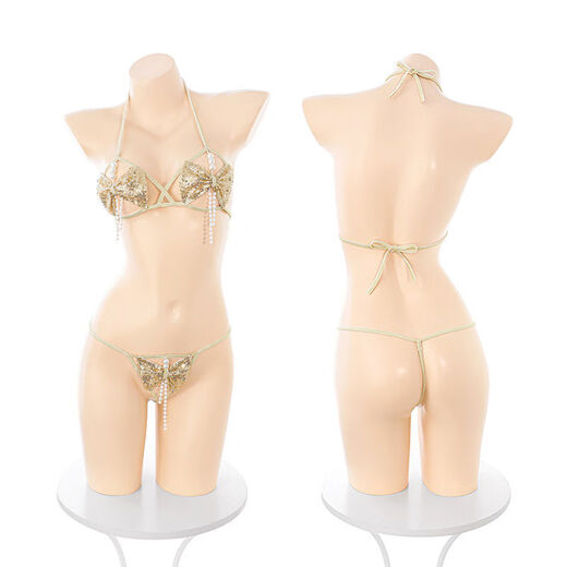 Shiny bow, beautiful beaded three-point style, pure lust lingerie, sexy bra, thong set, hollow, rose gold bra and panties, one size fits all
