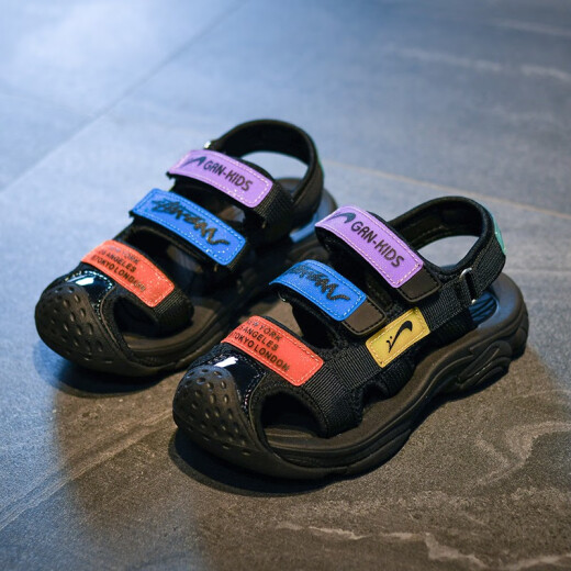 Guirenniao boys' sandals children's new Korean style medium and large children's 2021 baby Baotou soft bottom children's girls beach shoes 917 black and purple 32 (inner length 21.0/foot length 20.5)