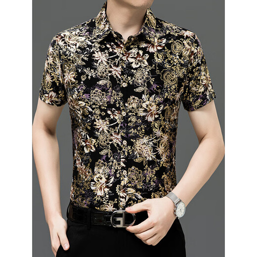 
Seven Wolf (SW1960) summer print short-sleeved floral shirt men's handsome Chinese style dragon pattern ice silk inch shirt half sleeve casual dad suit yellow 9898 model 2XL 185