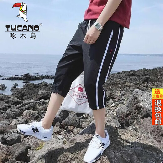 啄木鸟官方2025夏新款短裤男士七分裤韩版宽松显瘦休闲马裤中裤哈伦裤子 759黑色 5XL 170185斤