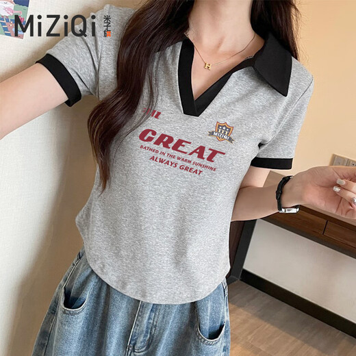 Miziqi trendy brand letter short-sleeved T-shirt for women in summer sweet and cool fashion polo neck short top red letter 11155 big chest - apricot S