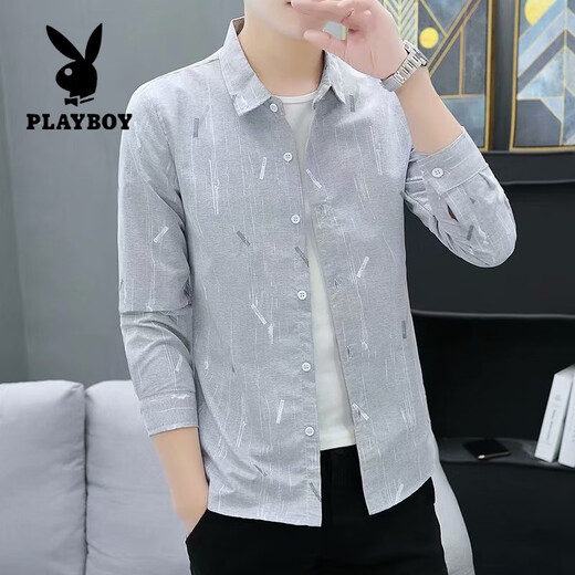 花花公子（PLAYBOY）新款衬衫男士衬衣休闲帅气春秋男装修身韩版潮流薄款商务长袖衬衫 9918灰色 M 163/90-108斤