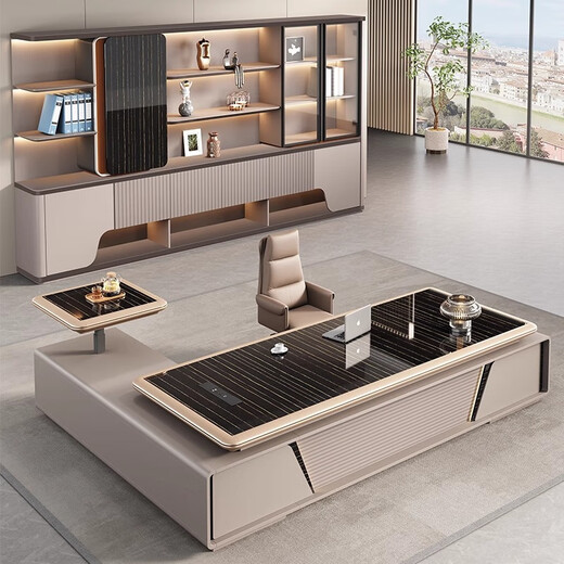 Zhiyi Lifting Boss Desk and Chair Combination Simple Modern Light Luxury Leadership Executive Desk President Manager Office Desk 2.0 Meter Luxurious President Desk + Boss Chair + 2.4 Meter Cabinet