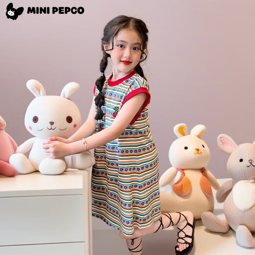 
Little Pig Banner Girls Summer Stripe Retro Vest Skirt New Baby Children's All-Match T-Shirt Dress Loose Flower Strip Skirt 160 Recommended height 150-160cm
