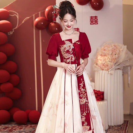 Libaixin chinois Toast Suit Bride Nouveau style 2025 Robe de mariée de fiançailles estivale pour femmes Jupe de retour de gaz de gaz haut de gamme Bourgogne xl suggère 115-120jin [Jin est égal à 0,5 kg]