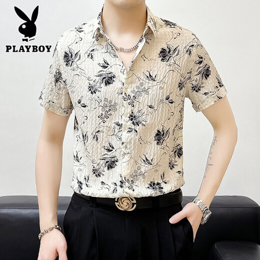 花花公子（PLAYBOY）冰丝修身短袖薄款碎花衬衫男士夏季休闲免烫垂感中袖衬衣时尚男装 BK679黑色 M