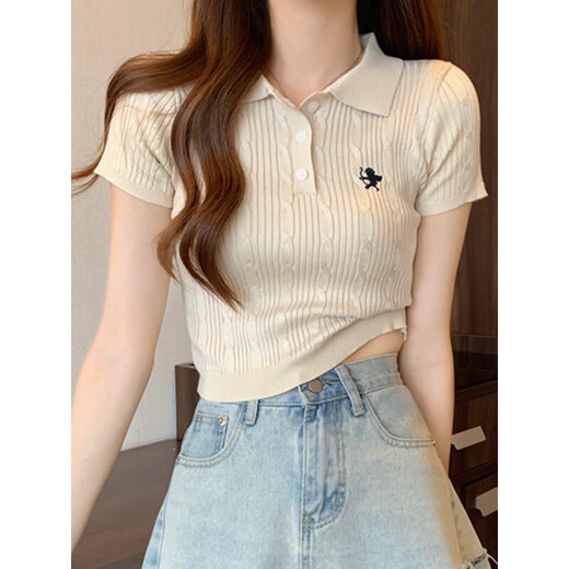 Clothes with original texture design 2026 new spring fashion polo collar knitted shirt short-sleeved t-shirt women's short tops apricot one size apricot (70-120Jin Jin equals 0.5kg)