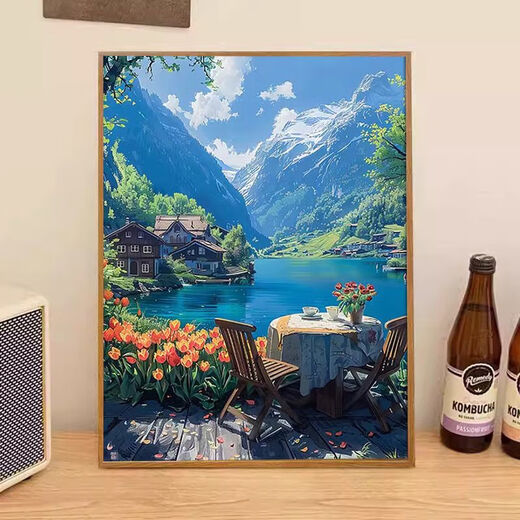 溥畔瑞士小镇数字油画填充礼物卡通风景感填色丙烯画 d7374瑞士小镇-经典常规款 40x50cm尼龙画笔套装加厚实