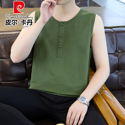 
Pier Cardan linen vest men's summer thin round neck solid color breathable cool cotton linen sleeveless T-shirt slim casual vest men 9896 khaki XL 130-150Jin [Jin equals 0.5 kg]