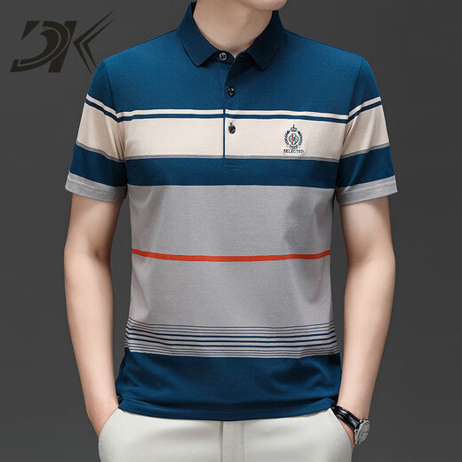 DK Brand Herren-Kurzärärmel-T-Shirt für die Sommer-Streifen von Männern Casual Einfache junge und mittlere vielseitige Polo-Hemd halbärmelte 3523 Blue M.