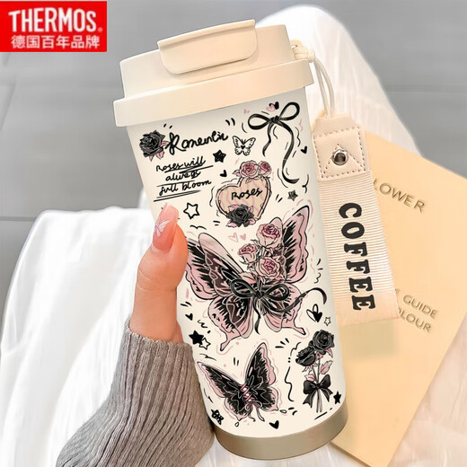 
THERMOS Simple Butterfly Thermos (THERMOS) Stainless Steel Portable Double Drinking Coffee Cup 2025 New Women's Straw Water Cup High-Precision BW1049 Dark Pink Butterfly A+ with Lanyard