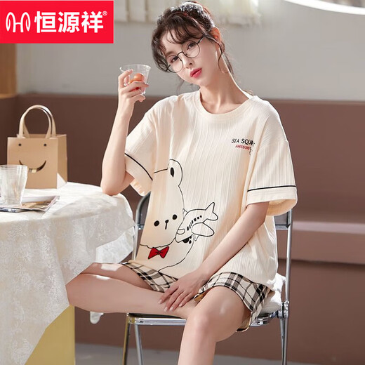 Hengyuanxiang pajamas for women in summer, good cotton short sleeves 2025 new Korean version cute summer thin style can be worn outside home clothing set 6630# M [80-95Jin[Jin equals 0.5 kg]]