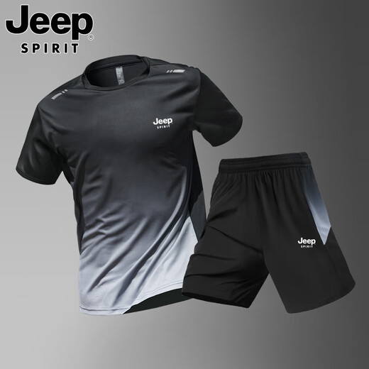 Jeep Spiritjeep Jeep Sports Set Мужская сухая одежда с коротким рукавом летняя ледяная шелковая шорты фитнес-одежда Мужчина 9901 Черный серый набор m