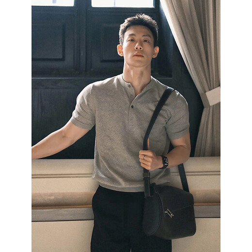 Main style (ZHUYIFAN) black training right-shoulder short-sleeved polo shirt for men, handsome Henley collar T-shirt showing muscle fitness half-sleeves, black, upgraded model 3XL (suitable) 190-210Jin Jin is equal to 0.5 kg