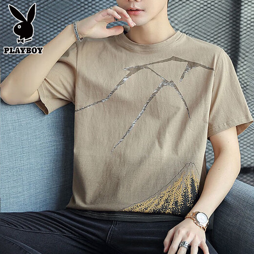 花花公子（PLAYBOY）纯棉短袖t恤男士2025新款半袖体恤衫宽松潮流夏季男装上衣服 Z829灰色 XL 【建议128-143斤】