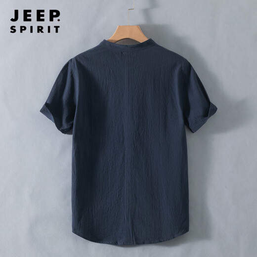 JEEP SPIRIT Henry collar linen short-sleeved shirt men's collarless men's cotton and linen shirt t-shirt top polo shirt summer Chinese style RC210 dark blue M