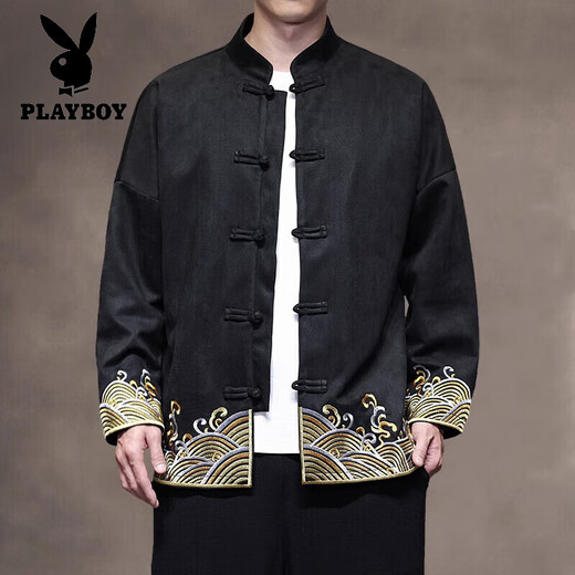 Playboy (PLAYBOY) Hanfu Men's Chinese Style Spring and Autumn Jacquard Long Sleeve Jacket New Chinese Tang Suit Loose Large Size Plate Button Jacket Red 3XL (160-180Jin Jin equals 0.5kg)