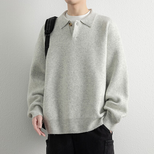 Pugos lazy style coat lapel thickened loose casual sweater for men winter old money style Henry collar sweater apricot M