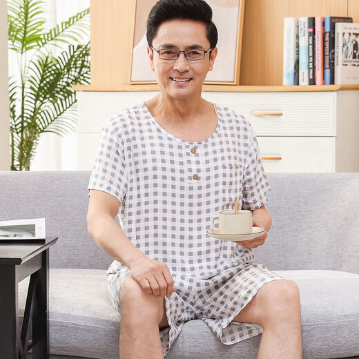 Mu Fengqing Summer en soie en soie Nouveau pyjama Pyjama d'âge moyen et âgé pour hommes et personnes âgées Round Neck Pullover Shorts à manches courtes à manches à manches à manches courtes 2694 VILLES CHOSS L Recommandé 100-135 Jin [Jin est égal à 0,5 kg]