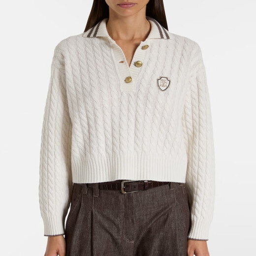 Brunello Cucinelli Logo羊绒绞花针织Polo衫式毛衣 P01083479 白色 XXS CN 155/80