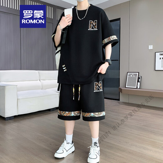 
ROMON men's suit 2025 summer new Chinese style loose short-sleeved T-shirt shorts new national trend quick-dry men's clothing 6195 green 3XL 170-190Jin [Jin equals 0.5 kg]