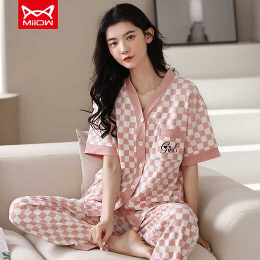 猫人（MiiOW）纯棉睡衣女春夏短袖长裤开衫韩版可爱领夏天家居服全棉套装 YSH-911#开衫 L 码100-120斤需预留缩水