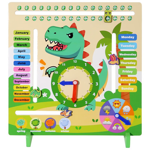Shantoulin Village Children's Dinosaurier Holz Multifunktional Kalender Uhr Frühes Bildungszeit Weather Week Saison Kognitive Toys Dinosaurierkalenderuhr