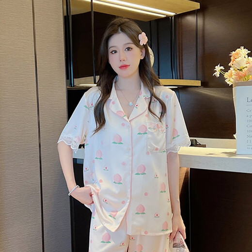 猫人（MiiOW）夏季睡衣女款冰丝短袖长裤高级感甜美水蜜桃夏天薄款丝.绸两件套 FS_9905#开衫短长水蜜桃 M