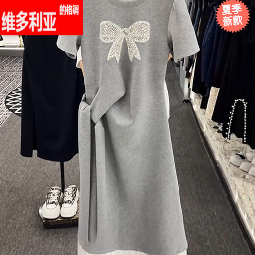 维多利亚的格调重工蝴蝶结短袖连衣裙女2025夏季新款收腰显瘦长裙小个子气质裙子 黑色3524 S 【建议80-100斤】