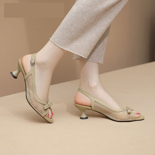 Senma Zhen Sandalias de boca de pescado de cuero suave para mujeres con tacones gruesos huecos Sandalias de malla de leopardo 2025 Summer Nuevo tacones altos altos