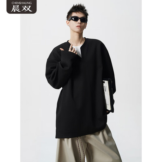 CHENSHAUNG solid color 300Jin Jin is equal to 0.5kg sweatshirt men's fat Henry collar long-sleeved T-shirt extra large size simple outdoor casual bottoming shirt jacket black 8XL recommended 270-300Jin Jin is equal to 0.5kg