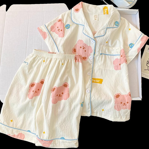 Balabala Children's Pyjamas Summer Summer à manches courte à manches coton Cotton Style Girls 2025 NOUVEAU ÉTÉ COMPRISES MIGUES MIGLE HOME SET F757 # SEAT SIGNE CHEPS COURTS + Shorts 100 L Taille Hauteur 160-165 cm Poids-115