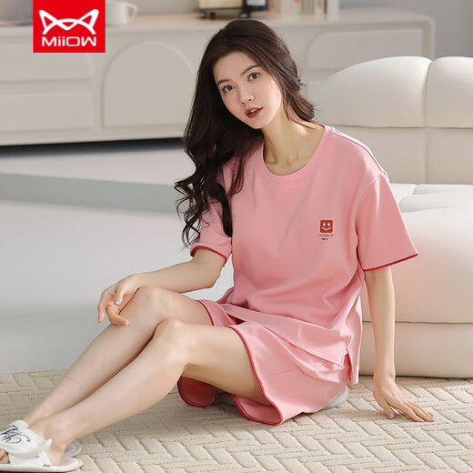 猫人（MiiOW）纯棉睡衣女夏季短袖短裤薄款可爱学生全棉夏天休闲家居服套装 蔷薇色 A9859短裤 M （80-100斤）