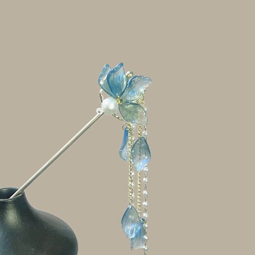 Shena ancient style blue flower hairpin, high-end new Chinese style pearl tassels, gift to girlfriend hair accessories, hairpin, blue petals