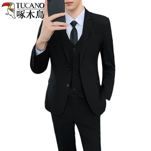 Woodpecker (TUCANO) suit men's Korean casual business formal jacket slim fit groomsmen and groom wedding dress no-iron suit black suit + white shirt + tie S