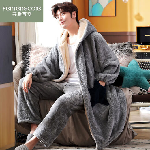 Nightwear men's winter thickened long coral velvet pajamas warm autumn and winter flannel bathrobe set YX9928 L
