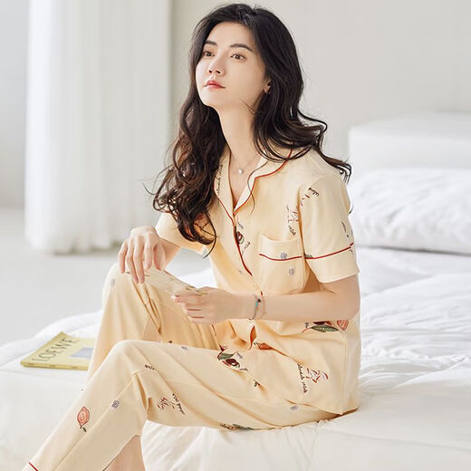 雅鹿2025新款睡衣女款夏季薄款棉短袖长裤开衫家居服棉套装 Y9718  不起球 L 建议100-120斤穿