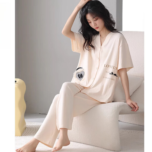 雅鹿睡衣女款春夏季凉感莫代尔短袖长裤家居服春秋开衫V领可外穿套装 HMT-753# M