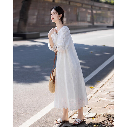 Demana [Fresh Pure Cotton] Spring and Autumn Water-soluble Lace Embroidered Tea Skirt Tassel Cotton Rope Ruffled Women's Dress