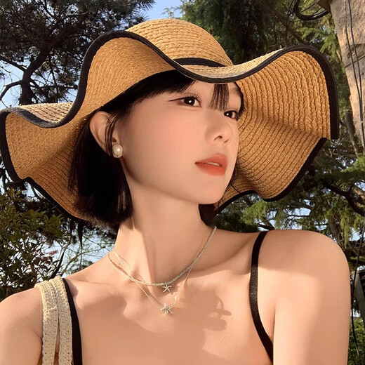 逸兼遮阳帽蝴蝶结波浪边草帽女夏季复古大帽檐遮阳帽海边沙滩度假帽子 波浪渔夫帽草帽【卡其均码】 自带防风绳