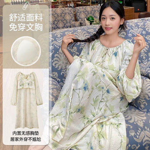 
Ban Feishi cotton cotton silk nightgown chest pad thin cotton pajamas new style dress Chinese style long sleeve Chinese style exterior home [upgrade] chest pad # extended skirt AM13067 L size [recommended 100-120 Jin [Jin equals 0.5 kg]]