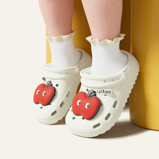 SEVEN ONLY OLINE Apple children's clogs for boys and girls in summer, lightweight non-slip home toe-toe slippers for middle-aged and older children, white Apple shoe flower 19 0, inner length 19cm, suitable for feet 29-30