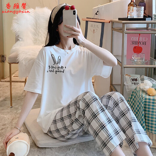 KNFN pajamas for women in 2024 new summer pure cotton short-sleeved trousers thin Korean style loose-fitting home clothing suit 6627 black plaid pants M size 80-100Jin [Jin equals 0.5 kg]