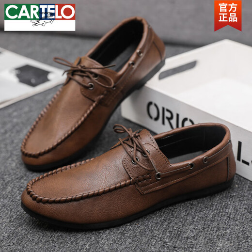 CARTELO round toe shoes casual men's sporting Lef Bean Doodle leather shoes with one foot British flat sole lightweight breathable formal wear D882 brown 42