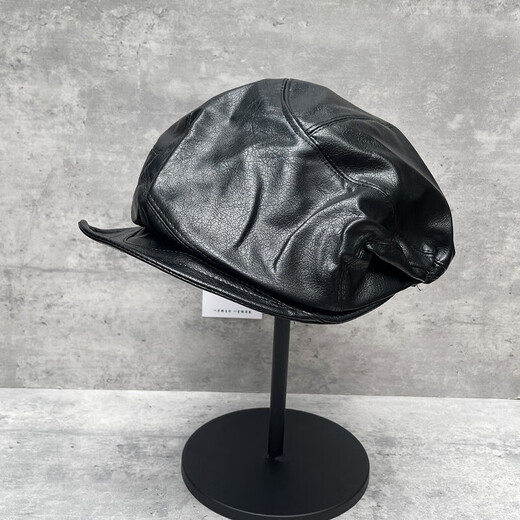 Dark Japanese style irregular pleated design soft brim PU leather octagonal hat with personality, versatile, face-showing small newsboy hat, trendy black (oil wax leather soft newsboy), one size fits all