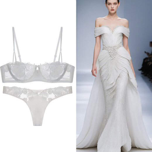 Victoria Palace Sexy Bra Ultra-Thin Rose Embroidered Lace Push-up Bra Large Breasts Show Small Large Size Sexy Underwear Set White S