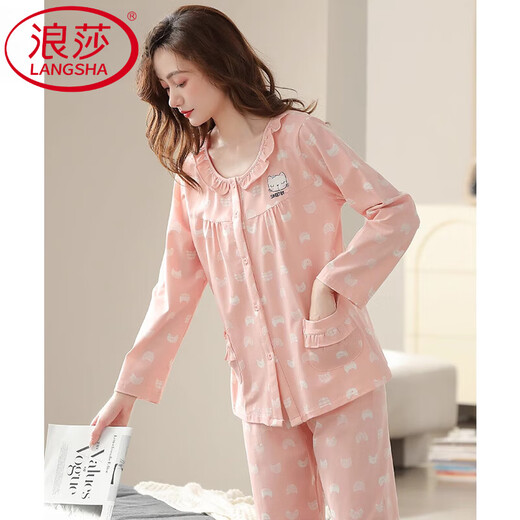 浪莎（LangSha）睡衣女士春秋季秋款纯棉长袖全棉秋冬薄款家居服中年大码妈妈套装 C9215丁香褐 4XL (建议180斤以上)